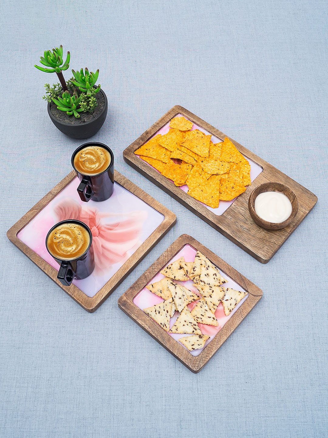 

Golden Peacock Set Of 3 Brown & Orange Printed Wooden Trays With Bowl
