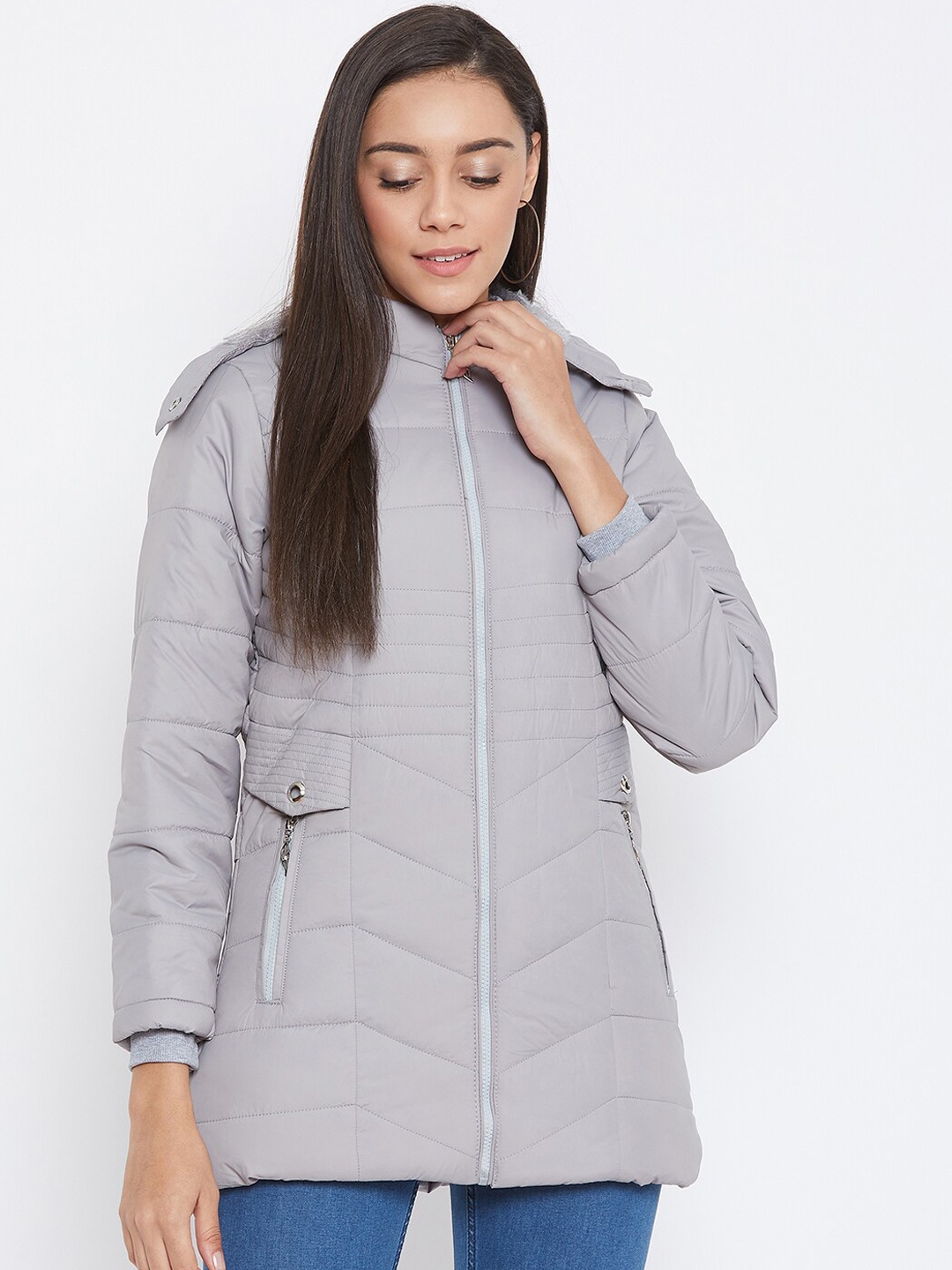 Spirit Women Grey Solid Windcheater Padded Jacket