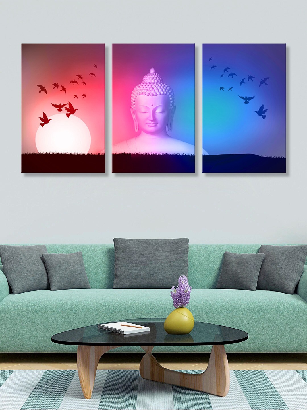 999Store Blue & Pink Buddha Backgroud & Sunlight 3 Panelled Canvas Painting
