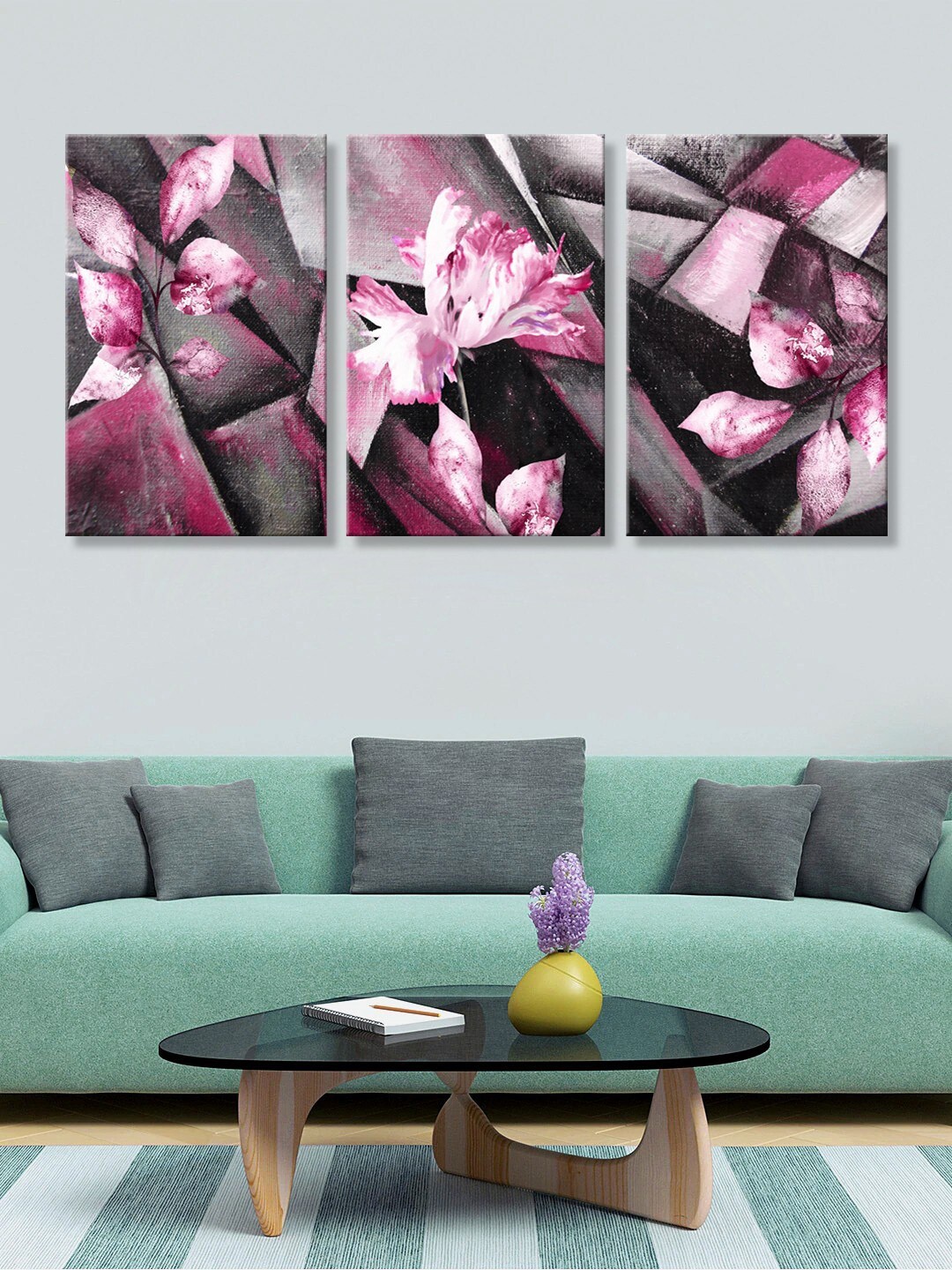 999Store Set Of 3 Grey & Purple Bougainvillea Flower Art Wall Painting