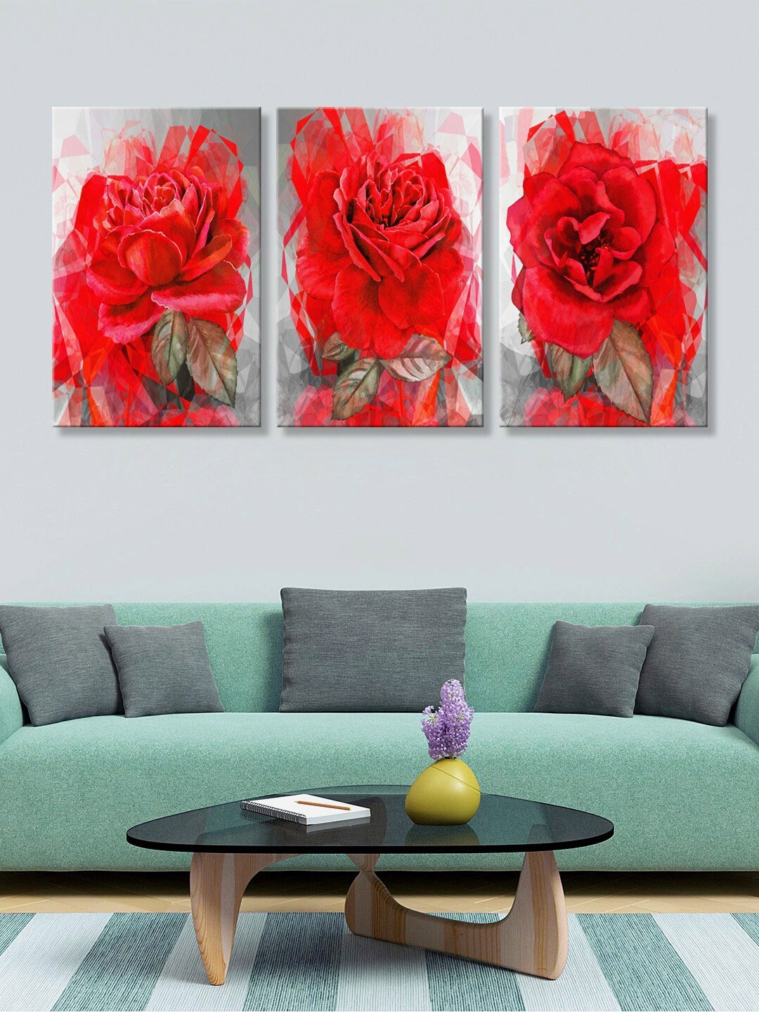 

999Store Set of 3 Red & Grey Floral HD Canvas Wall Paintings