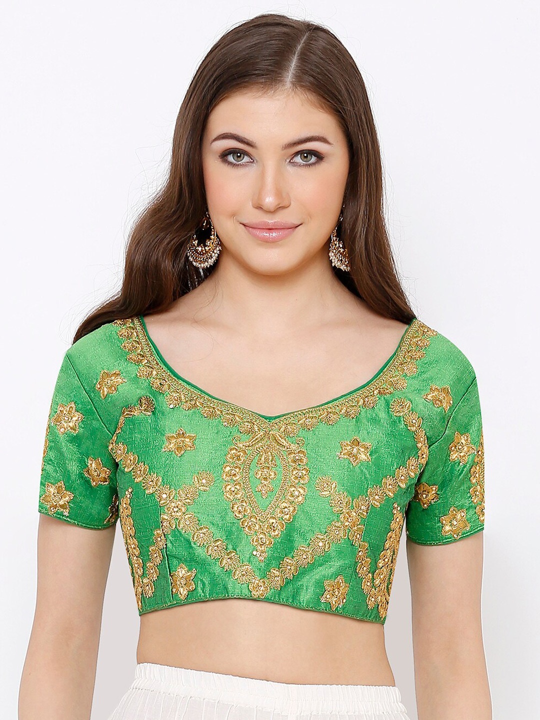 SALWAR STUDIO Women Green & Gold-Coloured Embroidered Padded Readymade Blouse