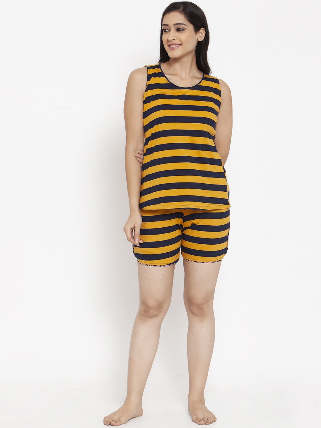 VOXATI Women Yellow & Black Striped Night Suit