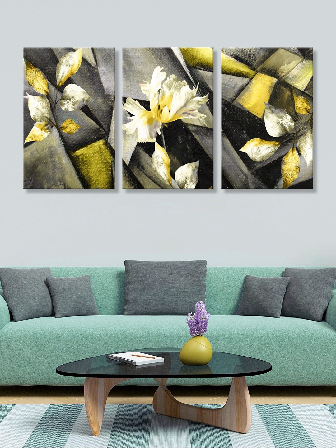 

999Store Set of 3 Grey & Yellow Flower Canvas Painting Wall Art