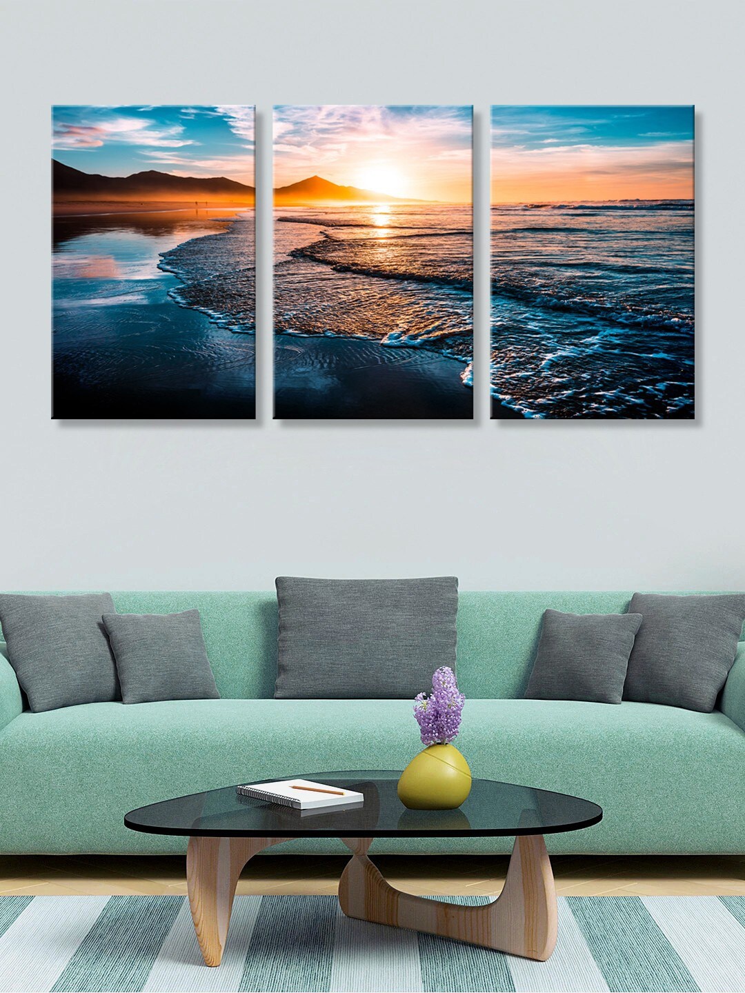 

999Store Set Of 3 Blue & Orange Sky Water & Sunrise Art Canvas Paintings