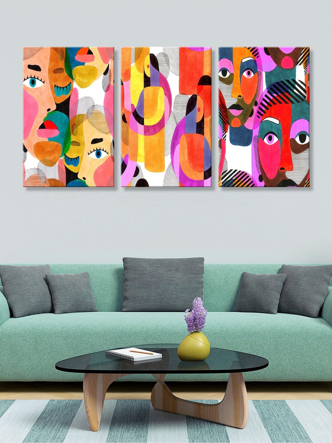 

999Store Set of 3 Multicoloured Abstract Faces HD Canvas Wall Paintings, Multi