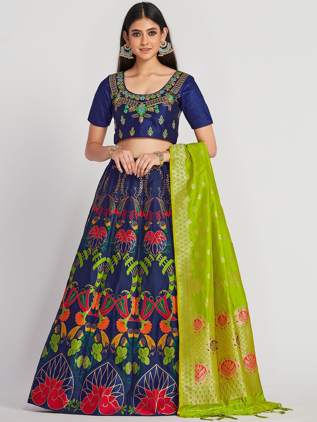 

MIMOSA Blue & Green Embroidered Semi-Stitched Lehenga & Blouse with Dupatta