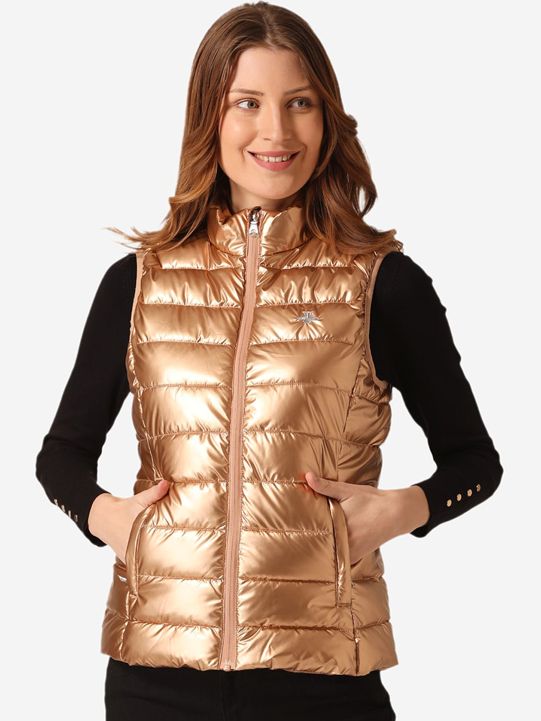 

Mode by Red Tape Women Gold-Toned Solid Quilted Jacket