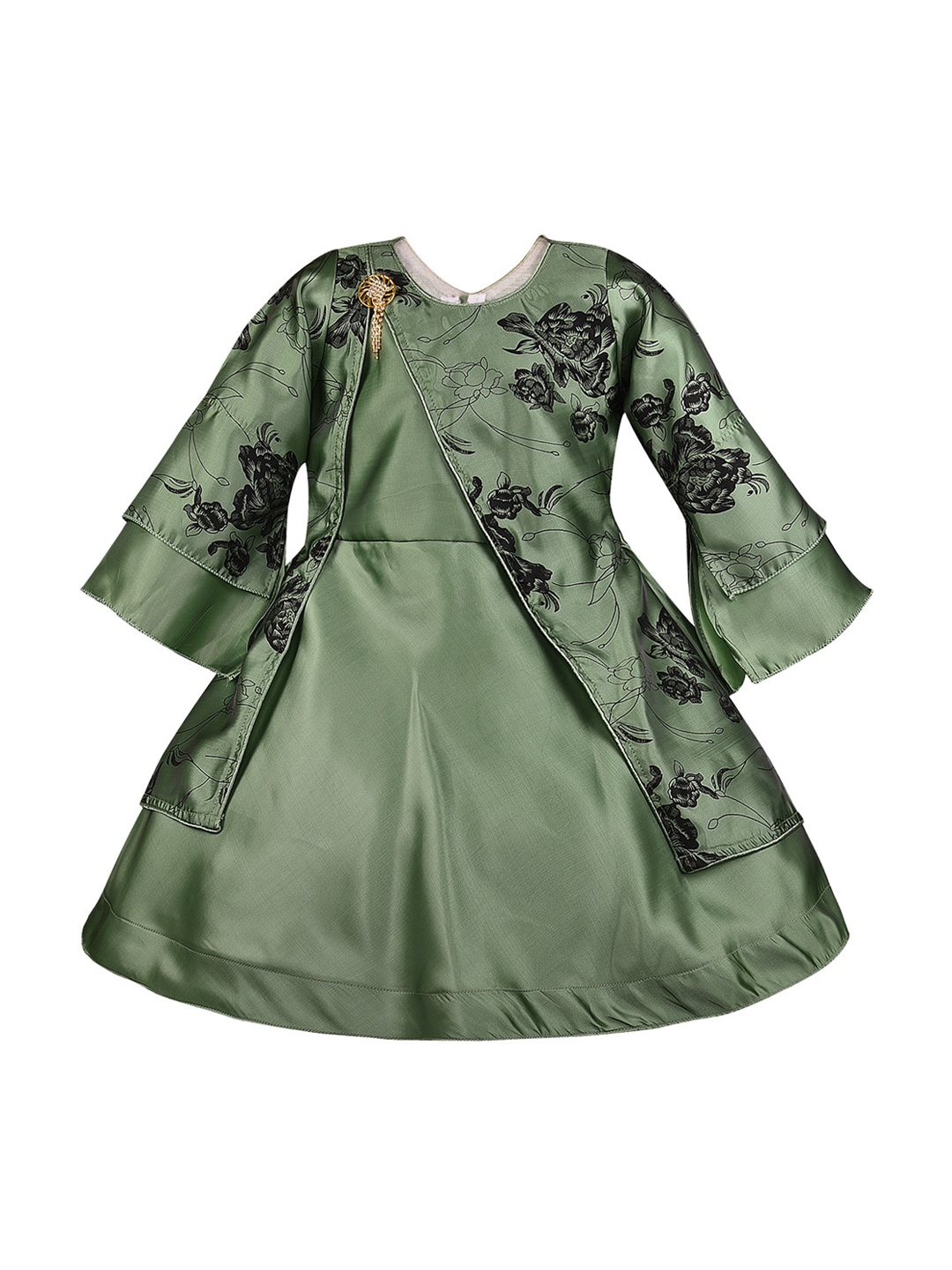 

Wish Karo Girls Green Printed Layered Fit and Flare Dress
