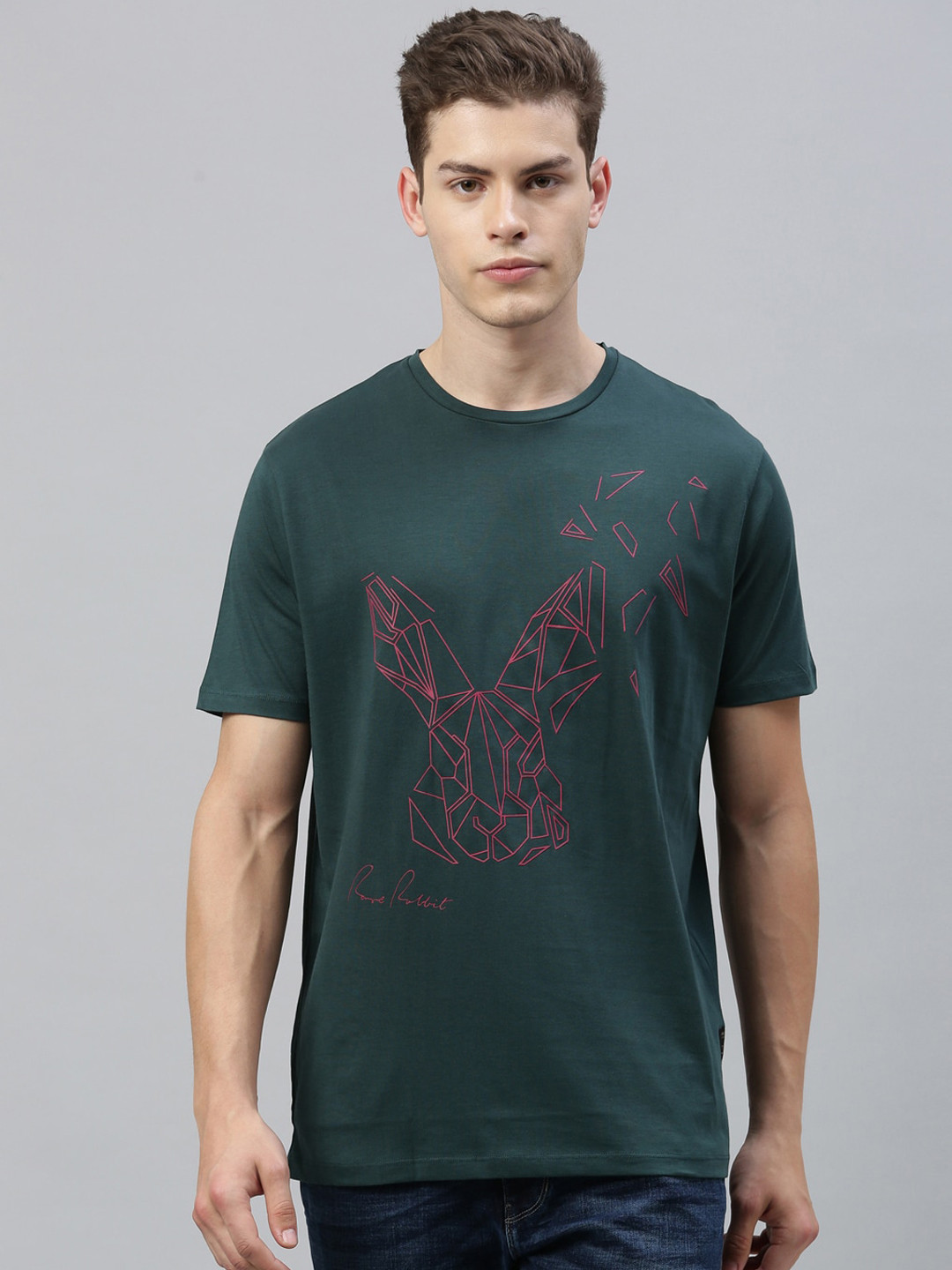 

RARE RABBIT Men Flame-2 Slim Fit Printed Round Neck T-Shirt, Green