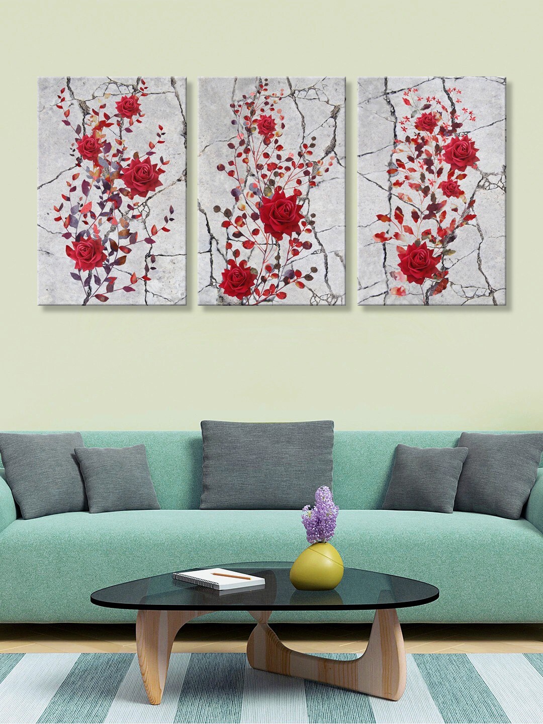 999Store Set Of 3 Grey & Red Roses Art Panels Wall Painting