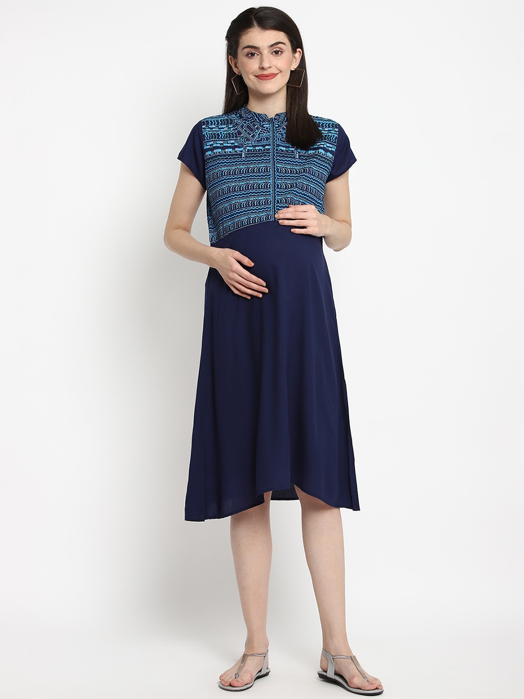 

The Vanca Women Navy Blue Printed A-Line Maternity Dress
