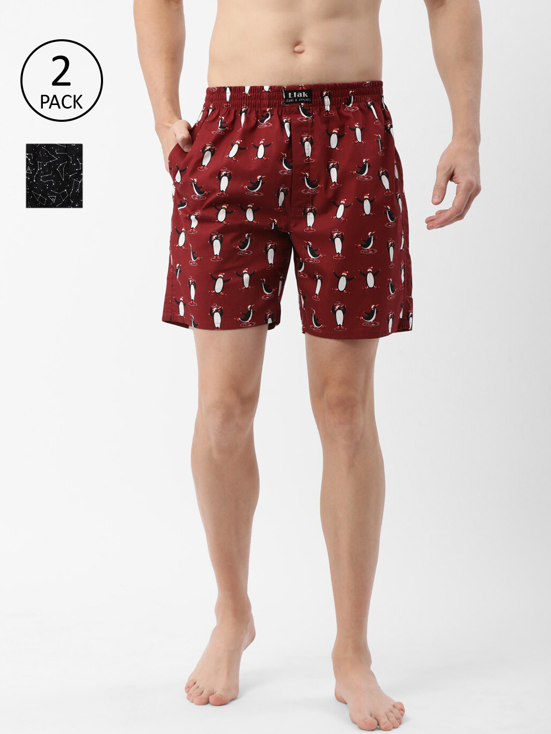 

Llak Jeans Men Pack of 2 Relaxed-Fit Printed Pure Cotton Boxers 3-1-SP, Maroon