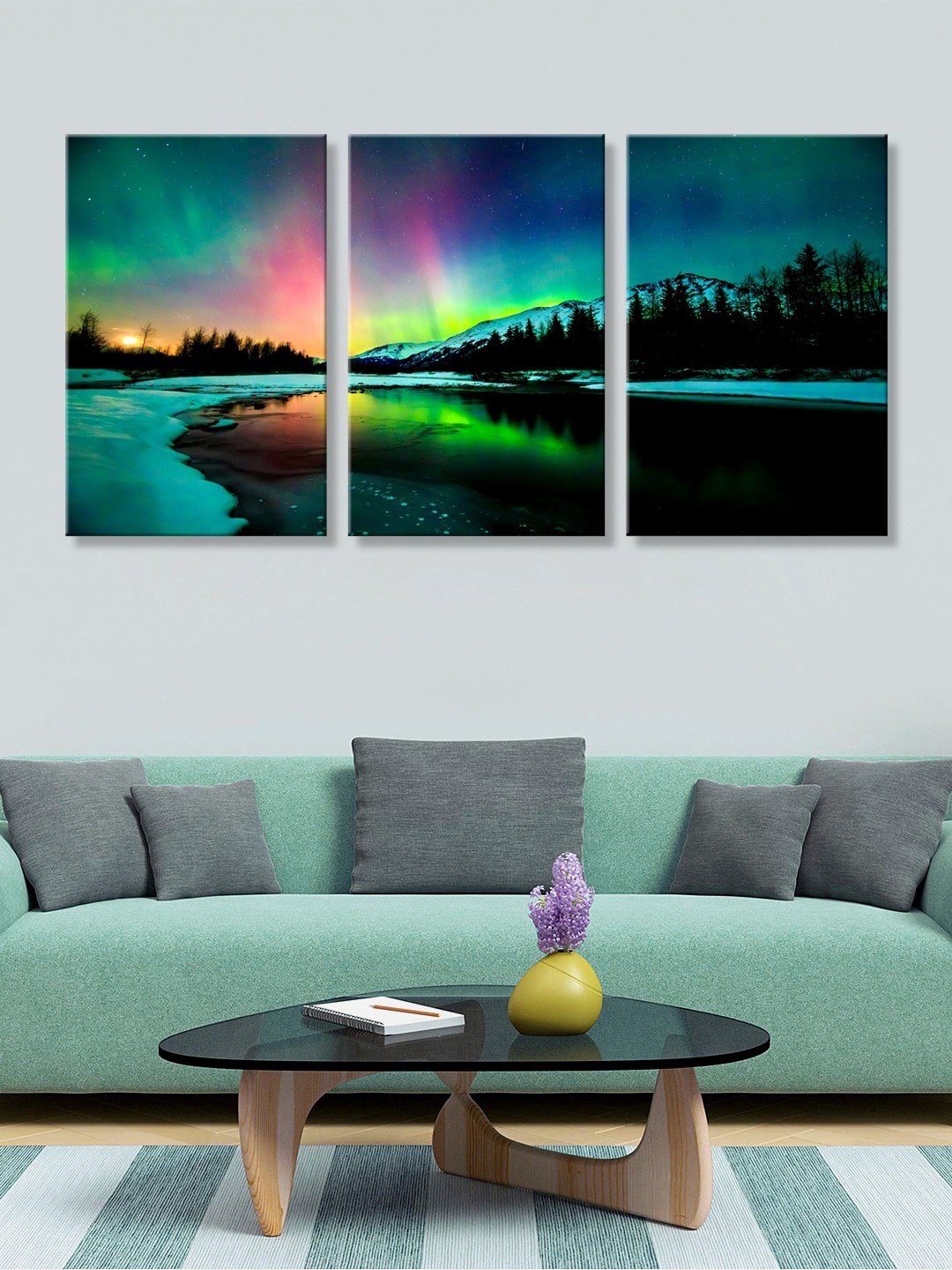 999Store Set of 3 Green & Black Northern Lights Canvas Painting Wall Art