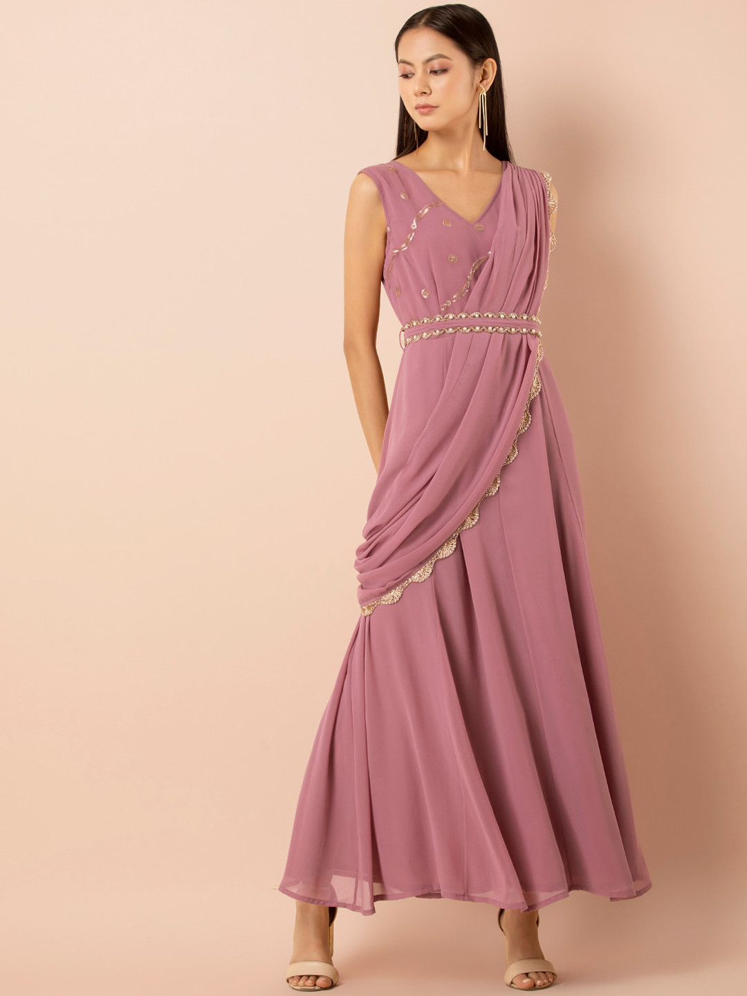 

INDYA Pink Polyester Embroidered Kalidar Tunic Saree with Attached Belted Dupatta