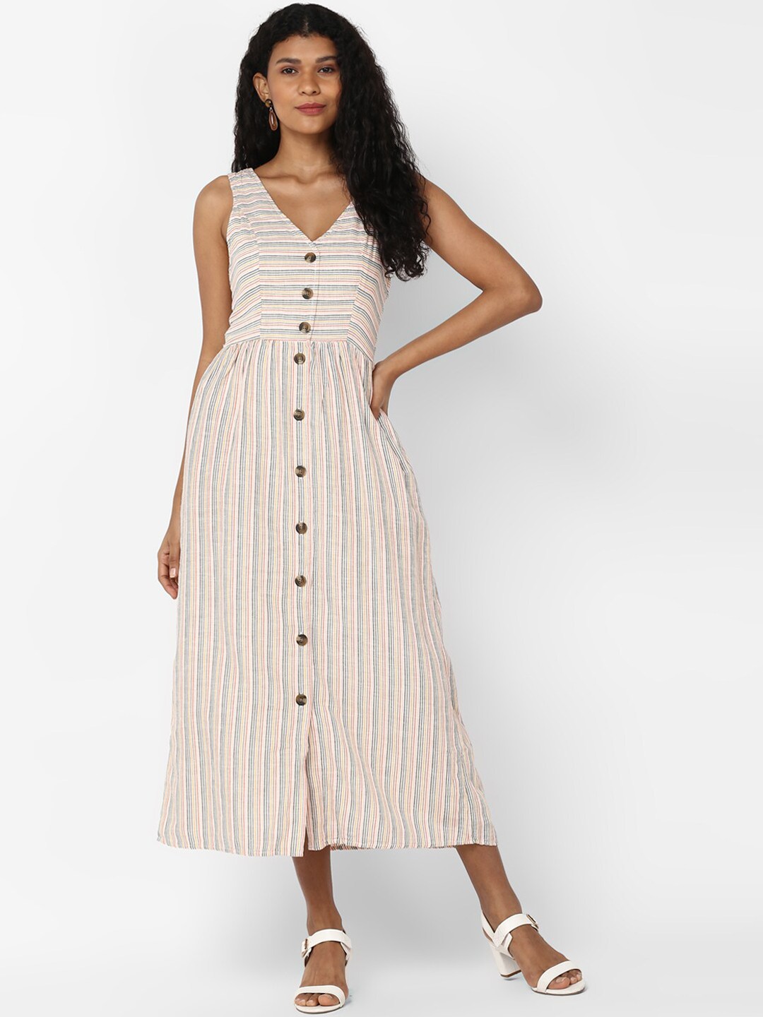 

AMERICAN EAGLE OUTFITTERS Women Beige Striped Fit and Flare Dress