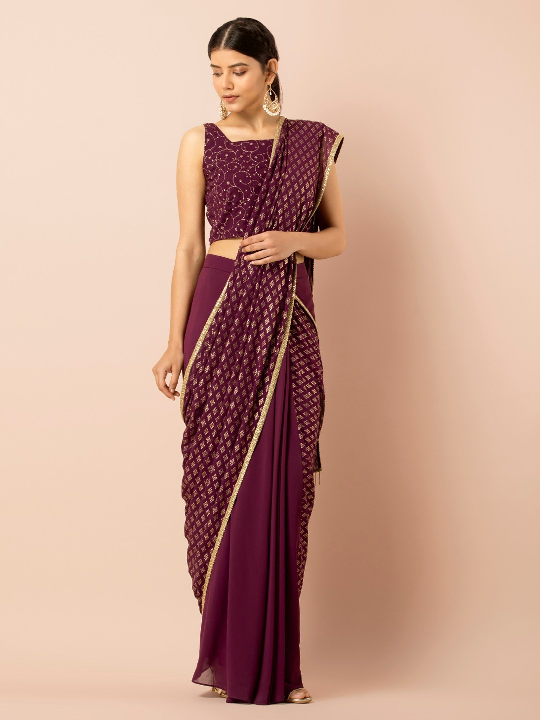 

INDYA Purple & Gold-Toned Embellished Pleated Saree Skirt