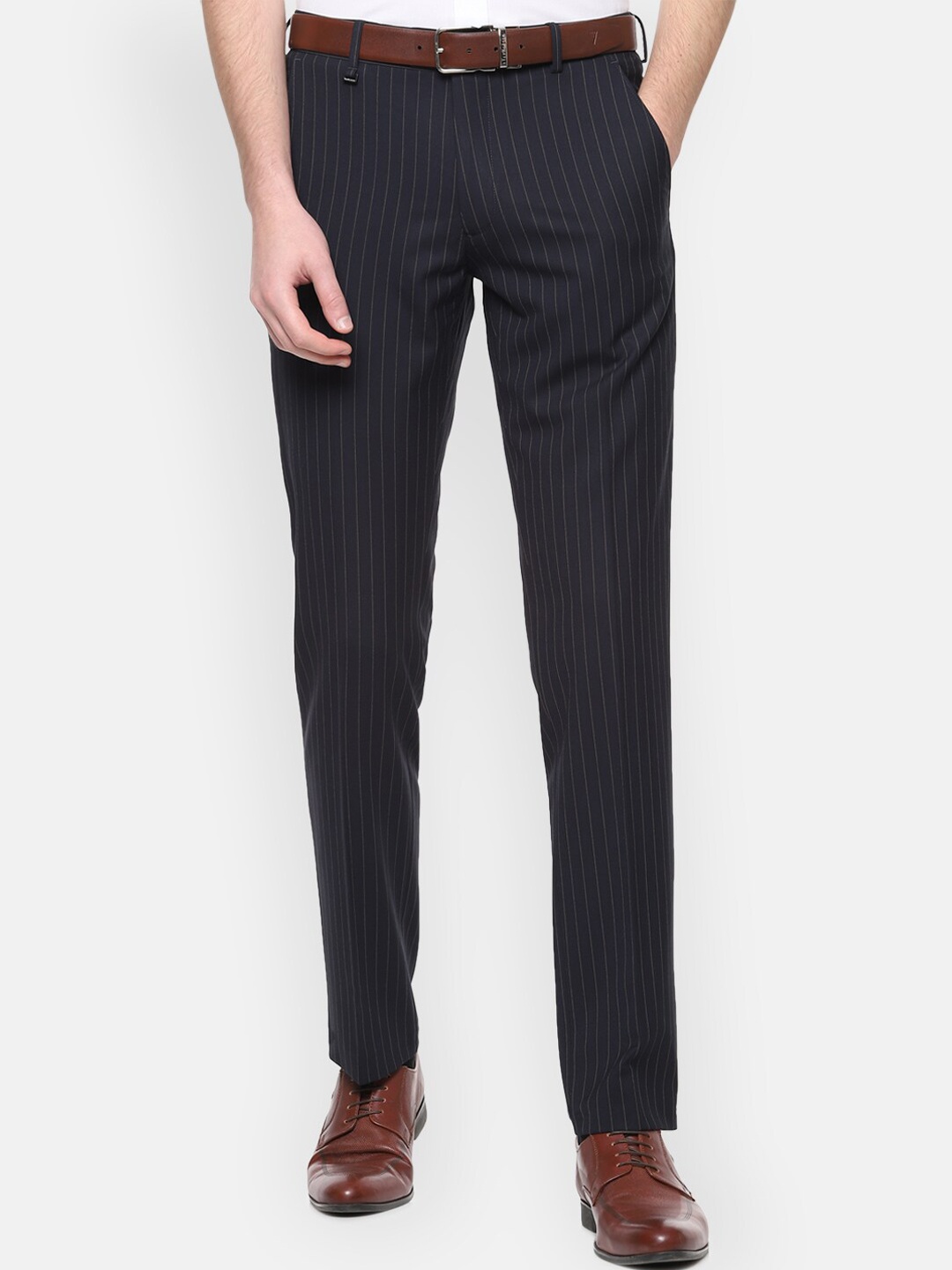 

Van Heusen Men Navy Blue Slim Fit Striped Formal Trousers