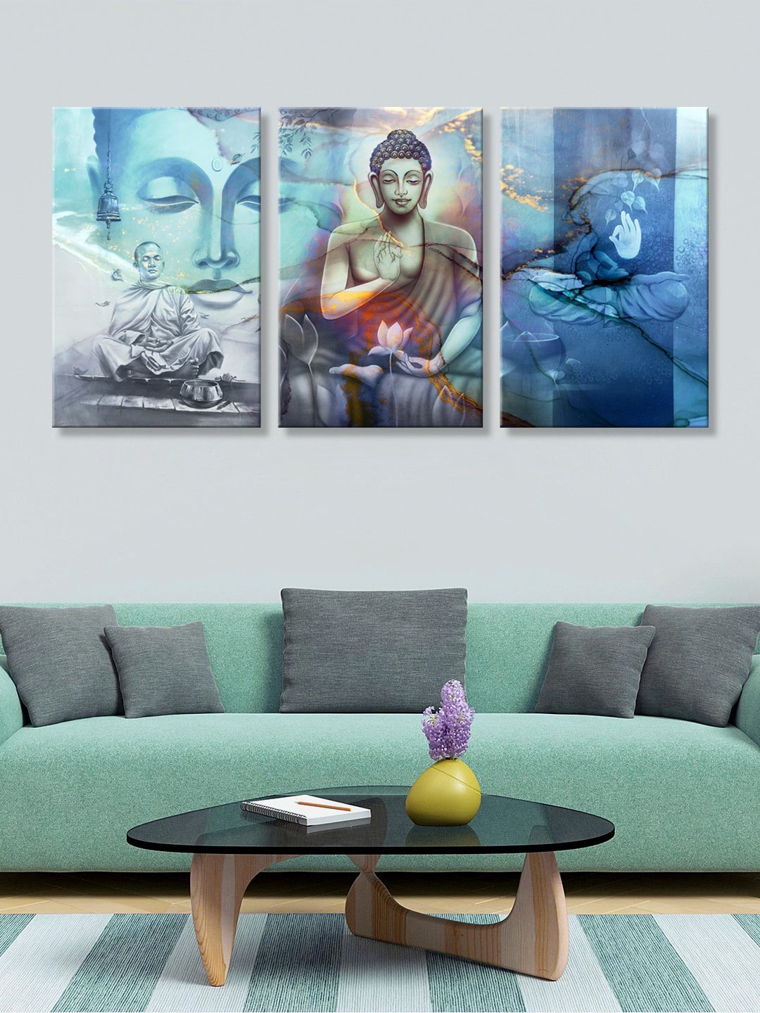 

999Store Set Of 3 Blue & Grey Buddha Face Wall Painting