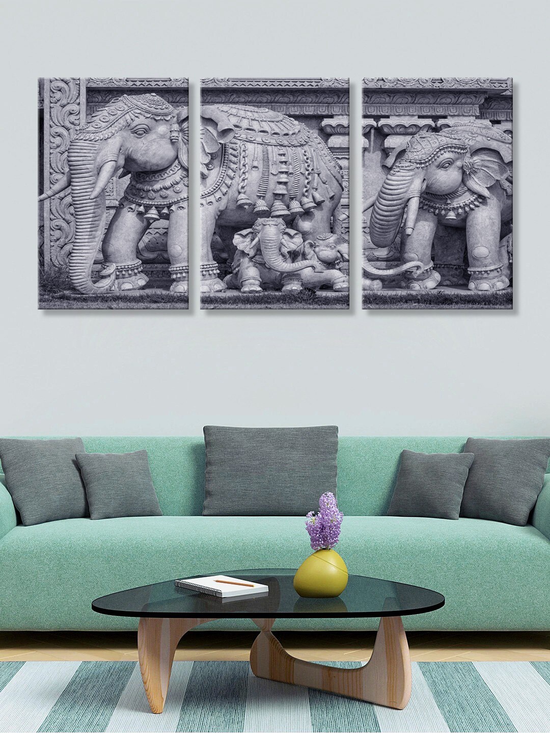 

999Store Set Of 3 Grey Printed Decorative Elephant Wall Painting