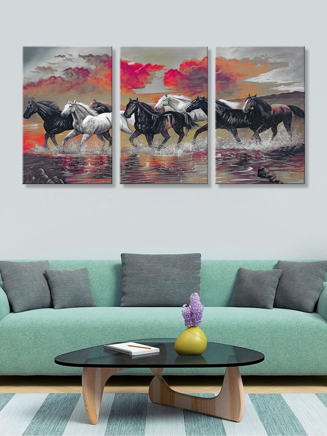 

999Store Set of 3 Black & White Horse Painting Wall Art
