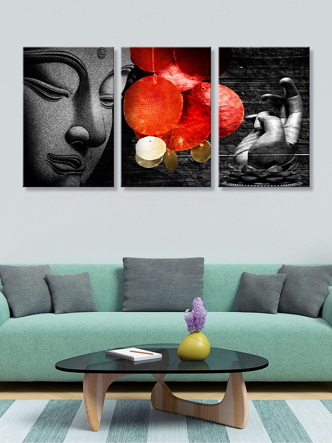 

999Store Set Of 3 Black & Orange Lord Buddha Canvas Wall Art