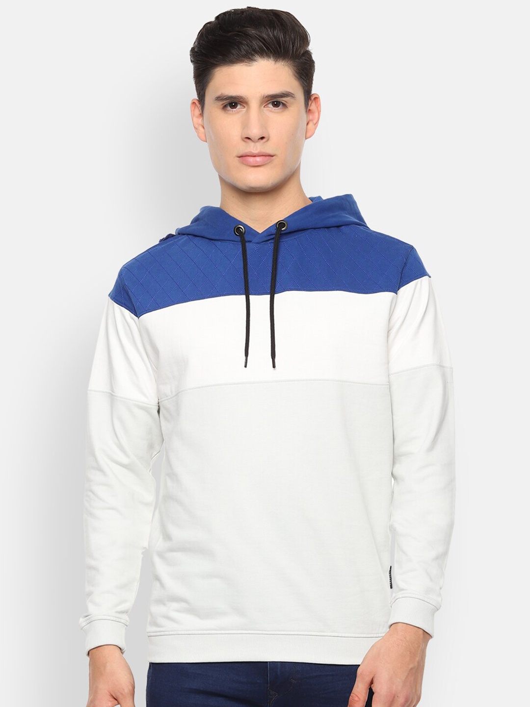 

Van Heusen Sport Men White & Blue Colourblocked Hooded Sweatshirt