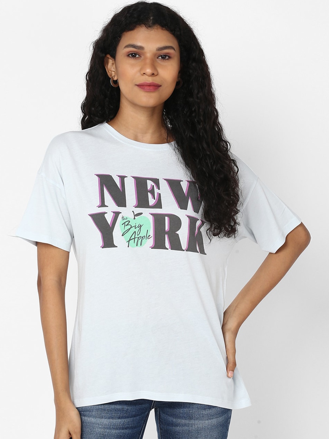 

AMERICAN EAGLE OUTFITTERS Women Blue Printed Round Neck Pure Cotton T-shirt