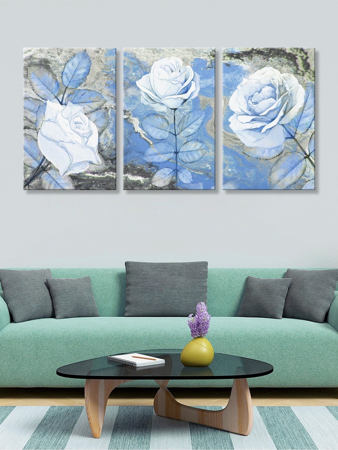 

999Store Set of 3 Blue & Grey Floral HD Canvas Wall Paintings