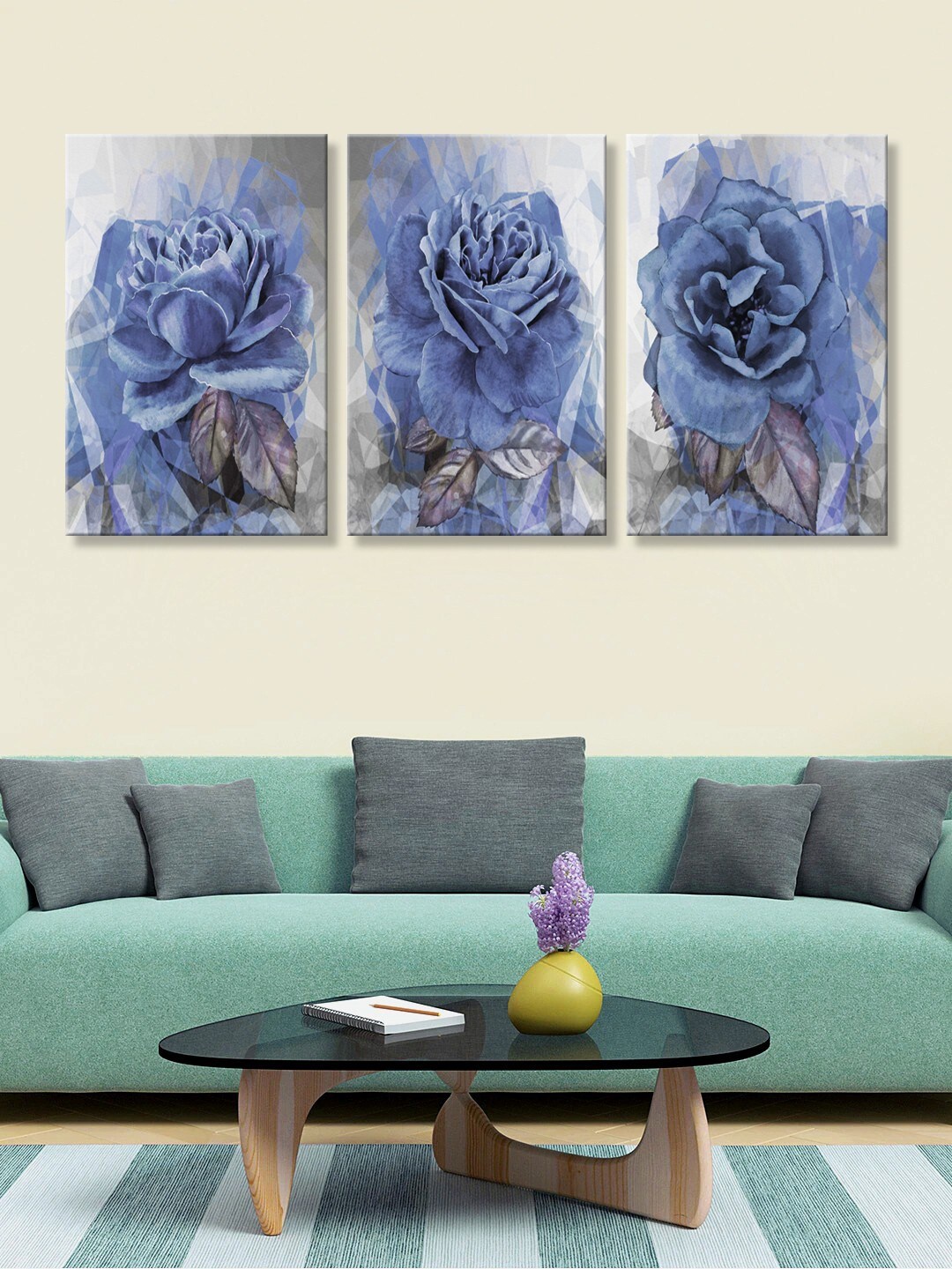 

999Store Set of 3 Blue & Grey Roses HD Canvas Wall Paintings