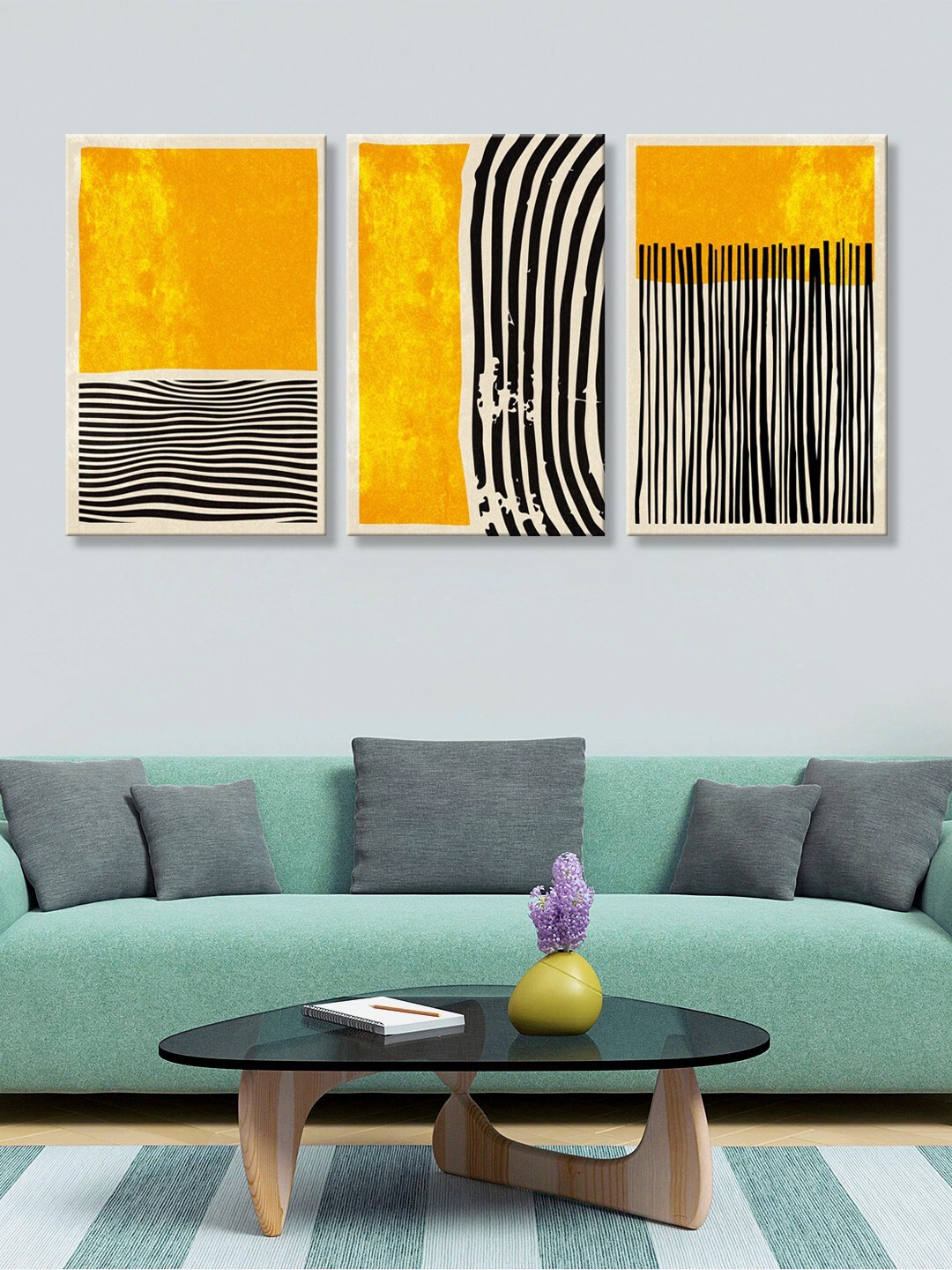 

999Store Set of 3 Yellow & Black Abstract Printed Wall Art