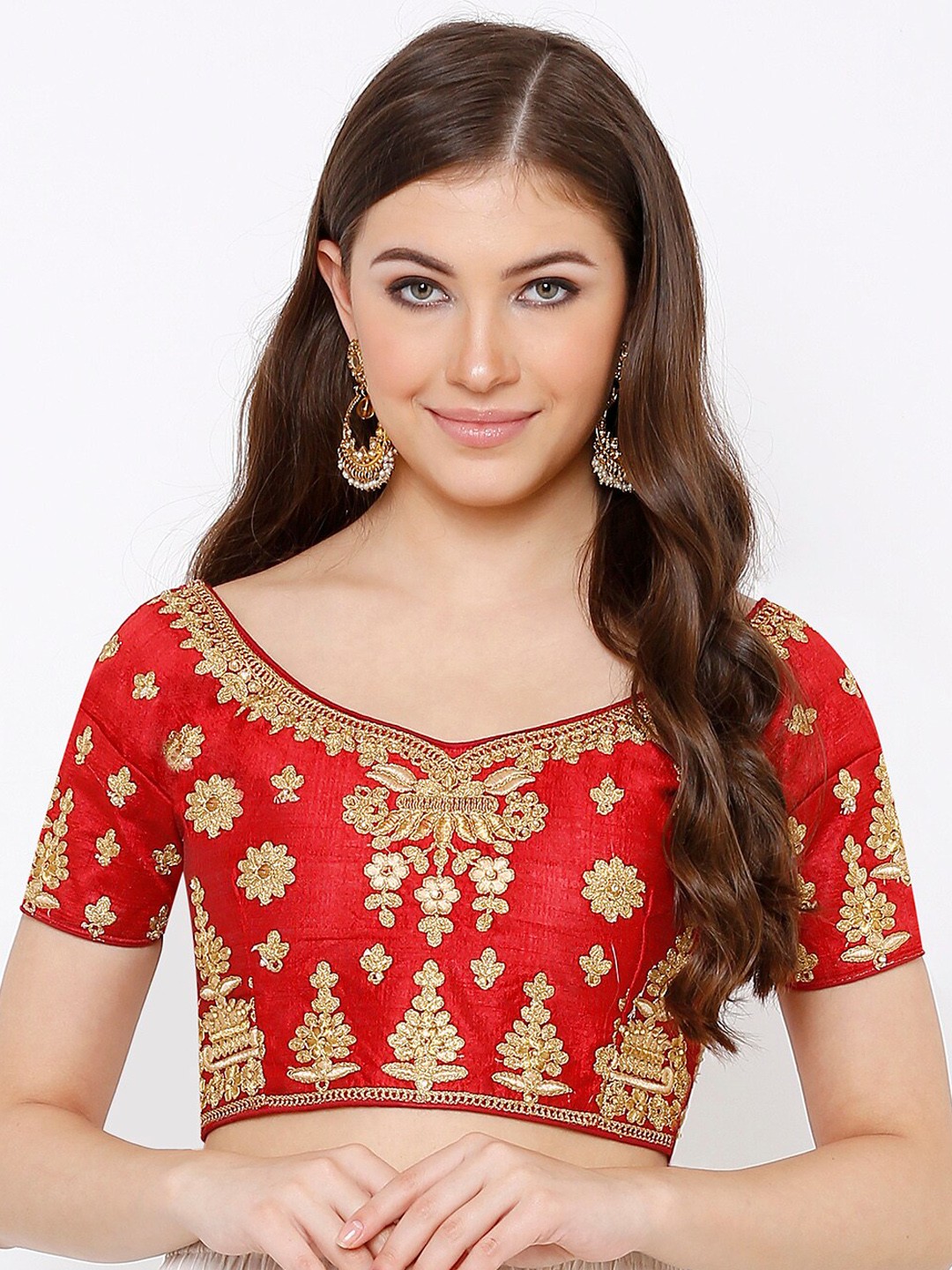 

SALWAR STUDIO Women Red & Gold-Coloured Embroidered Readymade Free Size Padded Saree Blouse