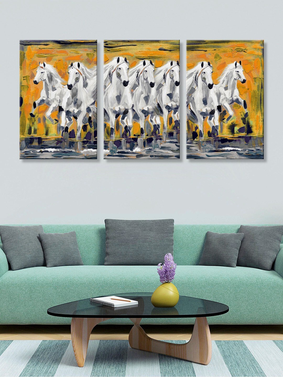 

999Store Set Of 3 Yellow & White Horses Wall Painting