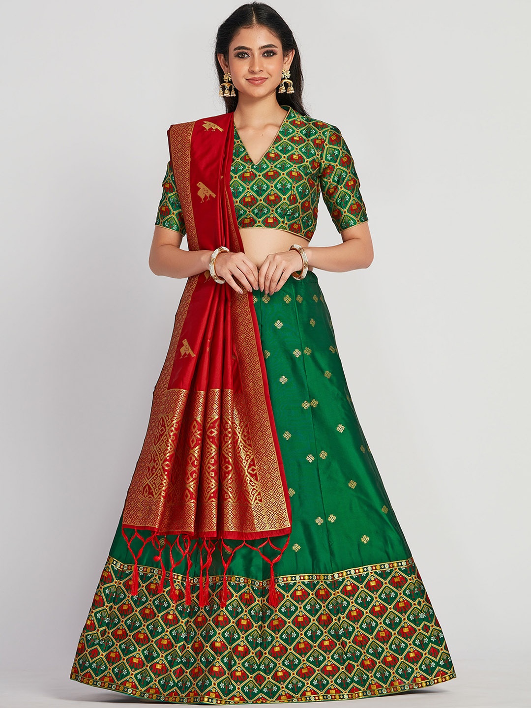 

MIMOSA Green & Red Woven Design Semi-Stitched Lehenga & Unstitched Blouse with Dupatta