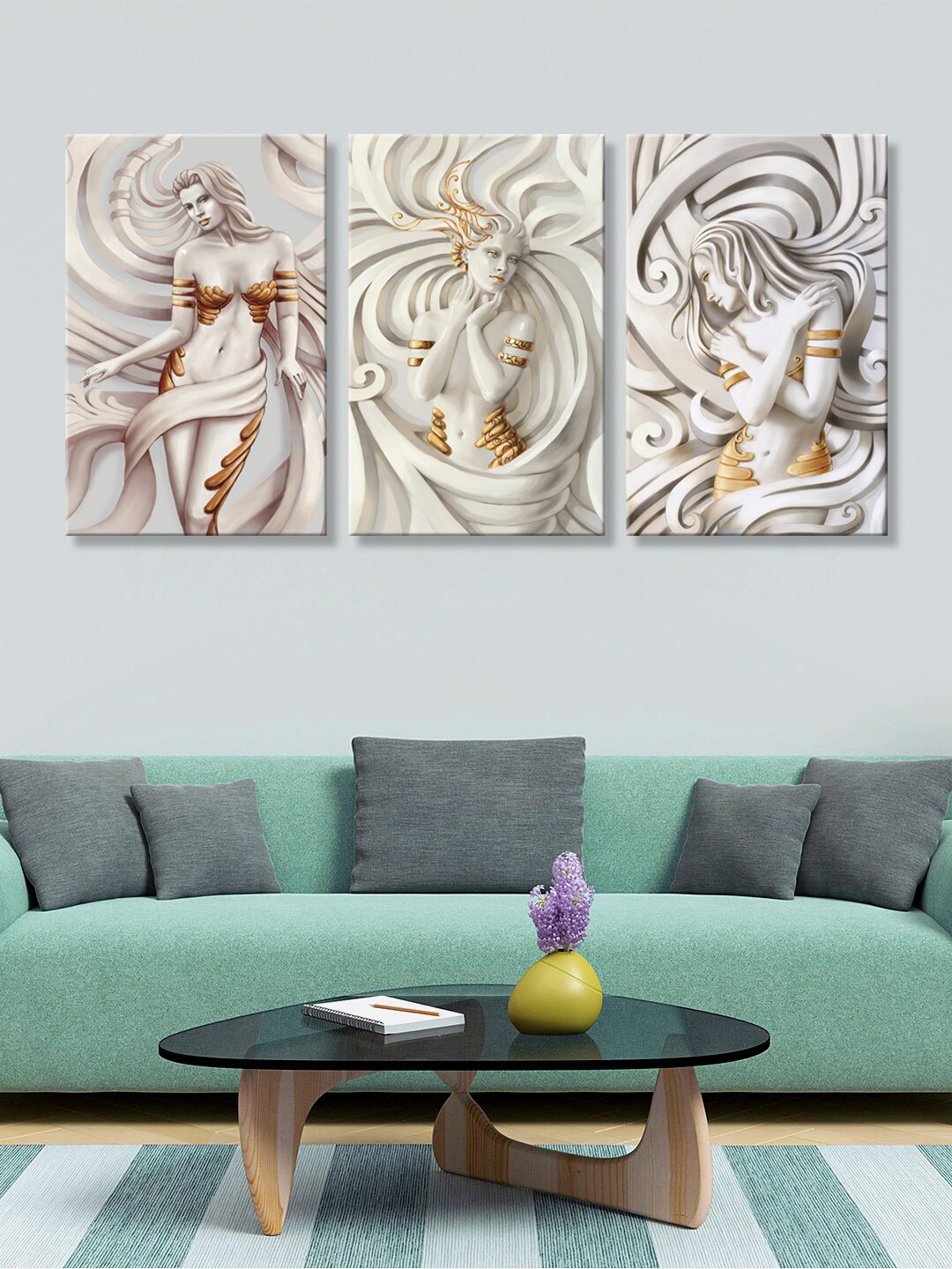 

999Store Set Of 3 White & Gold-Toned Lady Canvas Wall Art
