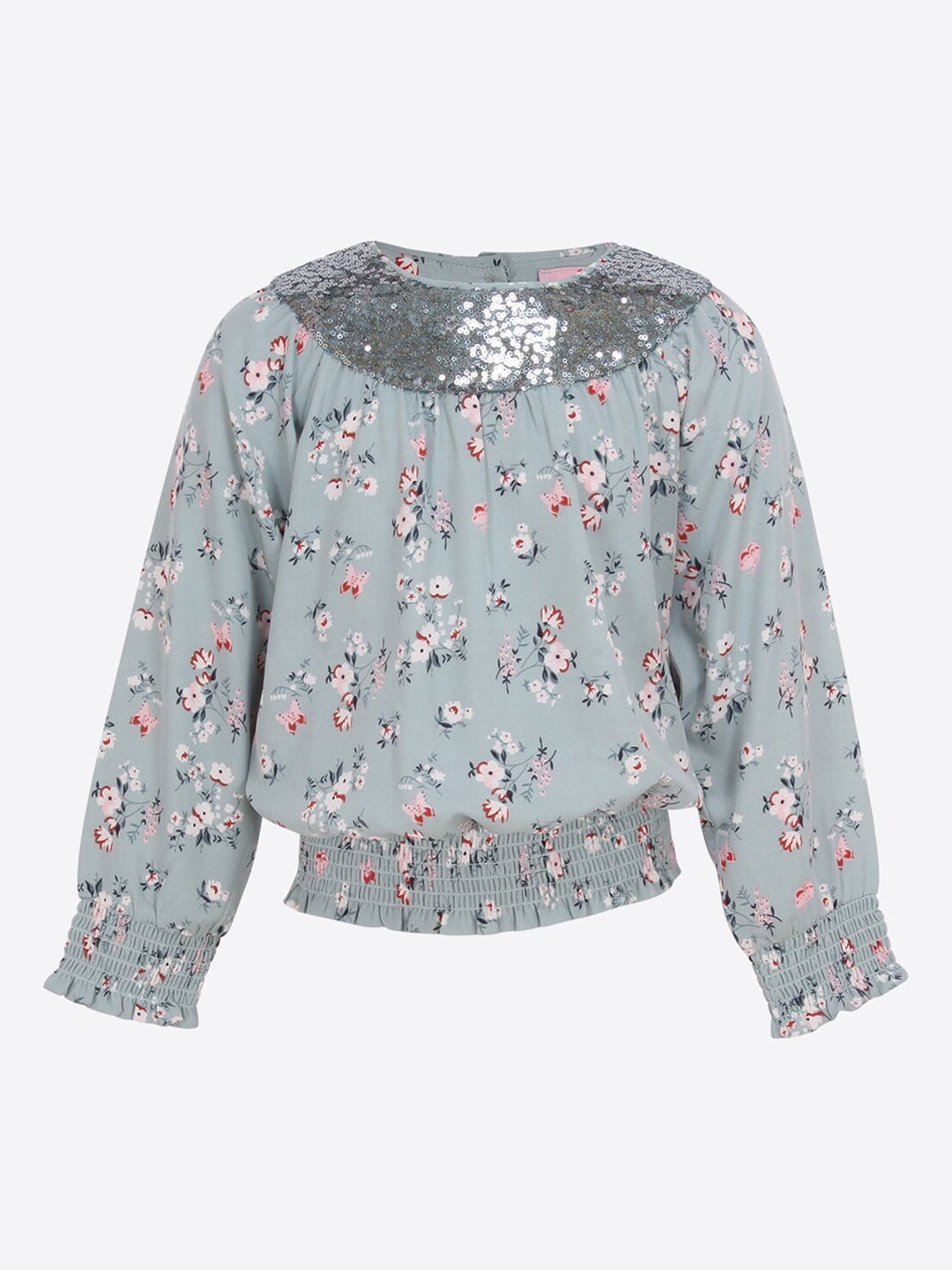 

CUTECUMBER Girls Green Floral Printed Sequinned Blouson Top