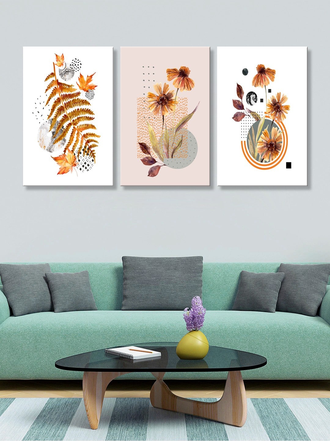 

999Store Set of 3 White & Orange Floral Canvas Wall Art