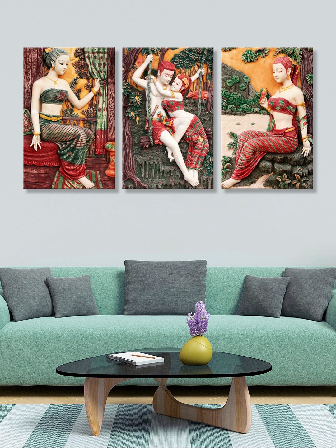 

999Store Set Of 3 Yellow & Maroon Men Women Art Panel Canvas Wall Painting