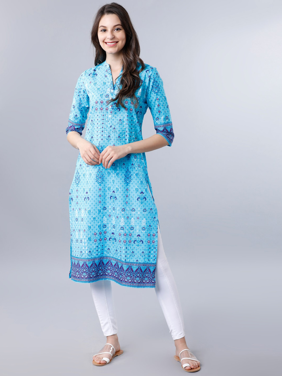 

Vishudh Women Blue Printed Straight Kurta