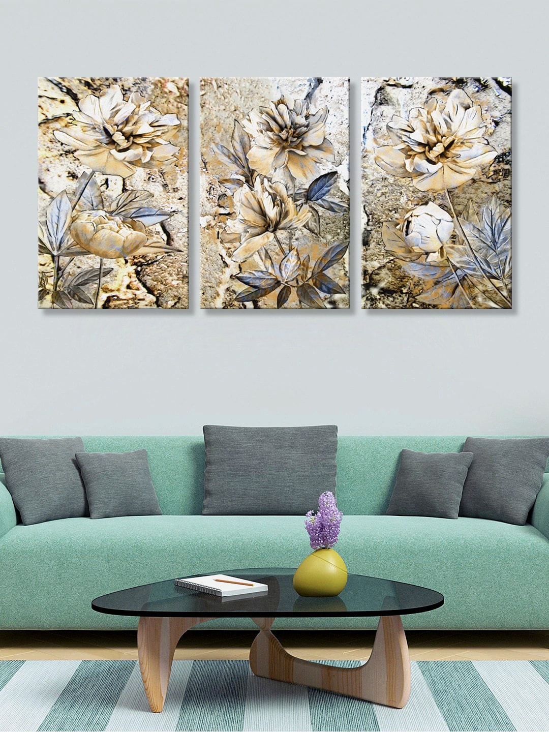 999Store Set of 3 Multicoloured Printed Flowers Framed Wall Art, Multi