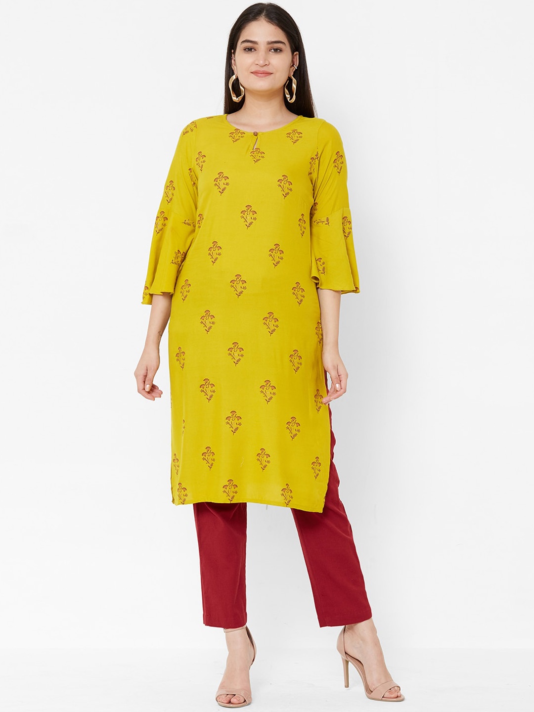 

Vedic Women Mustard Yellow & Red Floral Print Straight Kurta