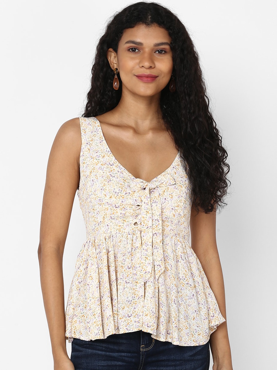 

AMERICAN EAGLE OUTFITTERS Women White Printed Cinched Waist Top