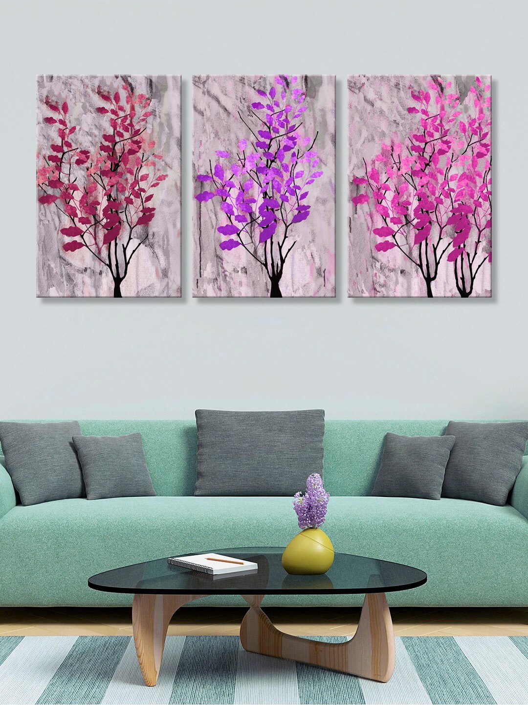 

999Store Set of 3 Grey & Lavender Leaves Printed Canvas Wall Art
