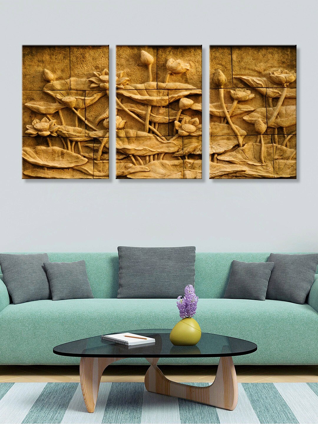 

999Store Set Of 3 Brown Lotus Flower Canvas Wall Painting