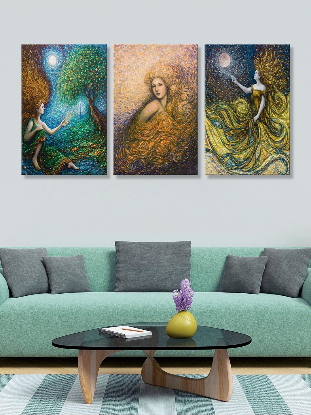 999Store Set of 3 Blue & Brown Women with Moon Canvas Wall Art