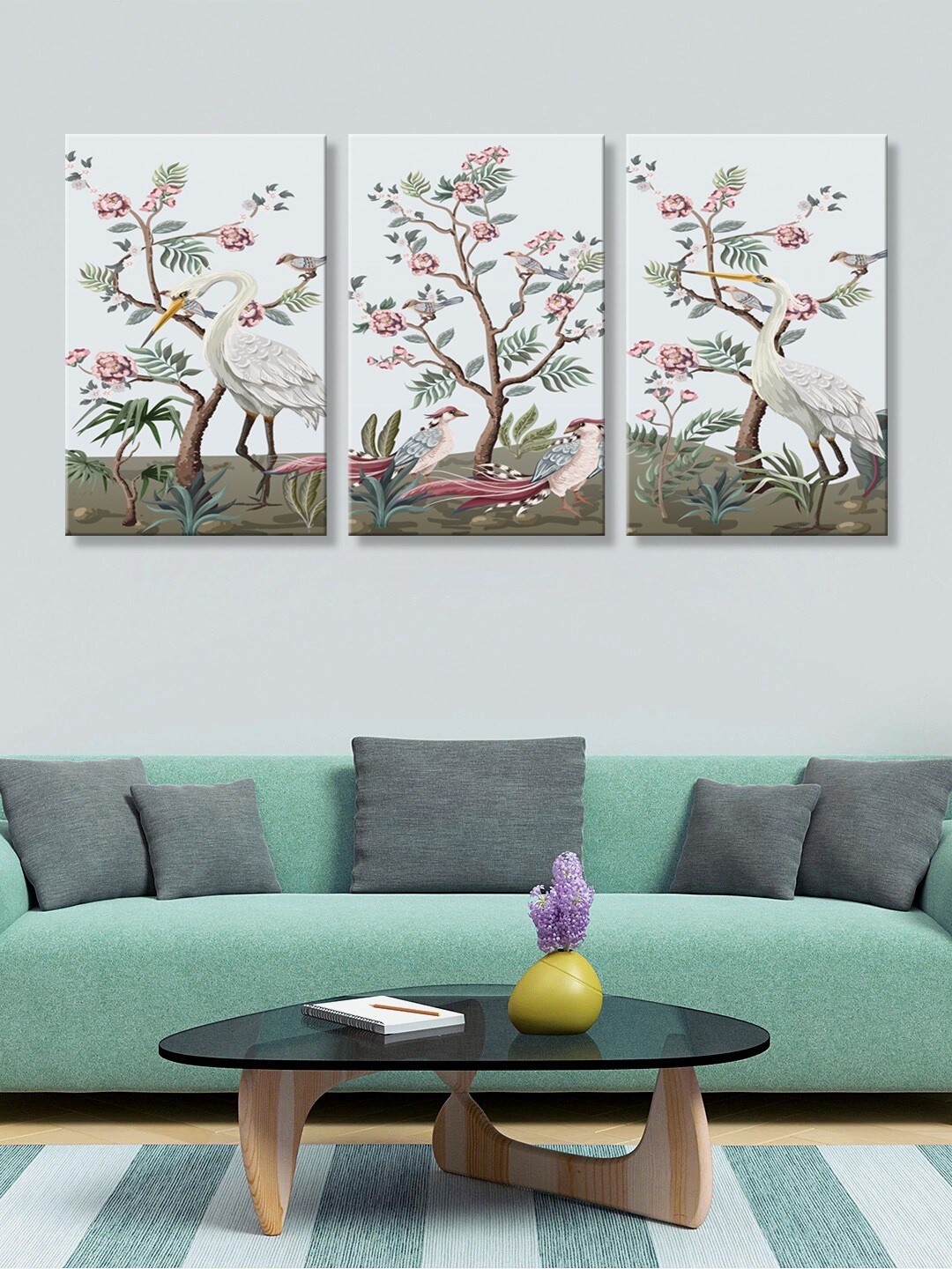 

999Store Set of 3 Multicoloured Flamingo with Tree Canvas Painting Wall Art, Multi