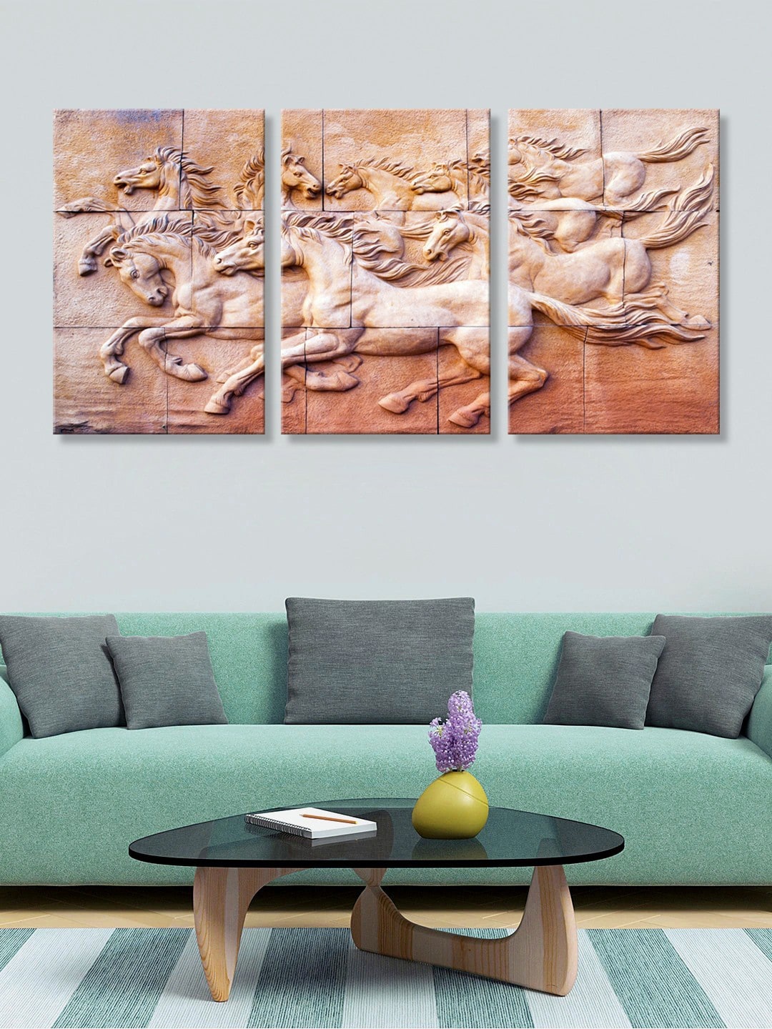 

999Store Set of 3 Brown Running Horses HD Canvas Wall Paintings