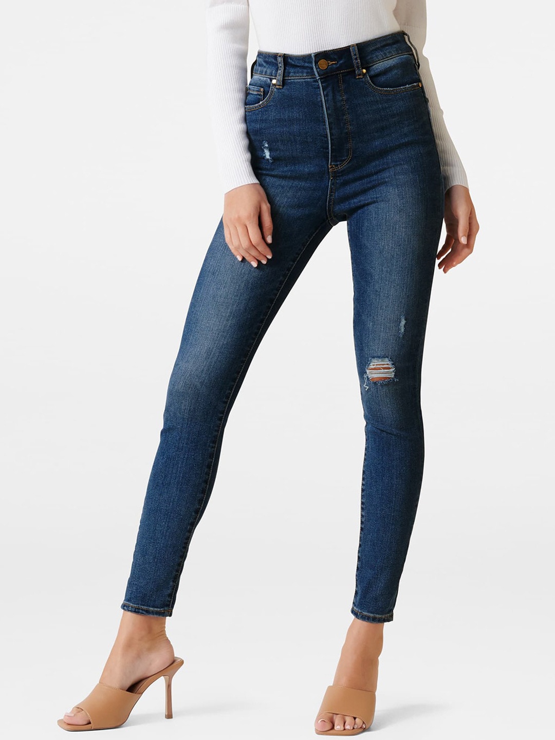 

Forever New Women Navy Blue Skinny Fit High-Rise Low Distress Stretchable Jeans
