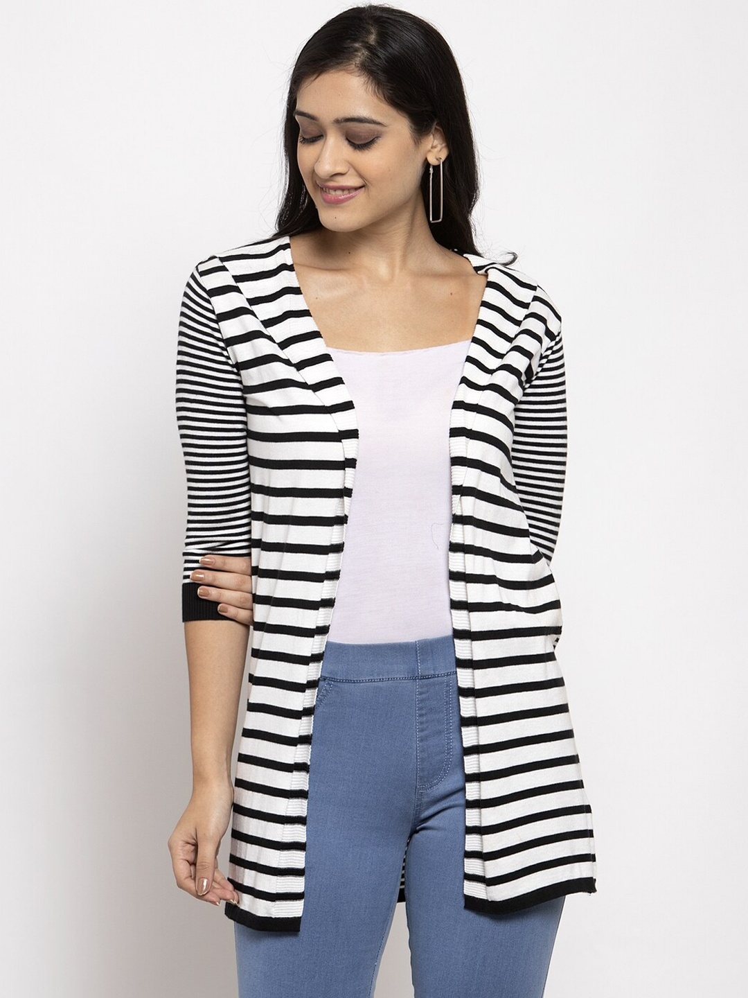 

Kalt Women White & Black Striped Open Front Shrug