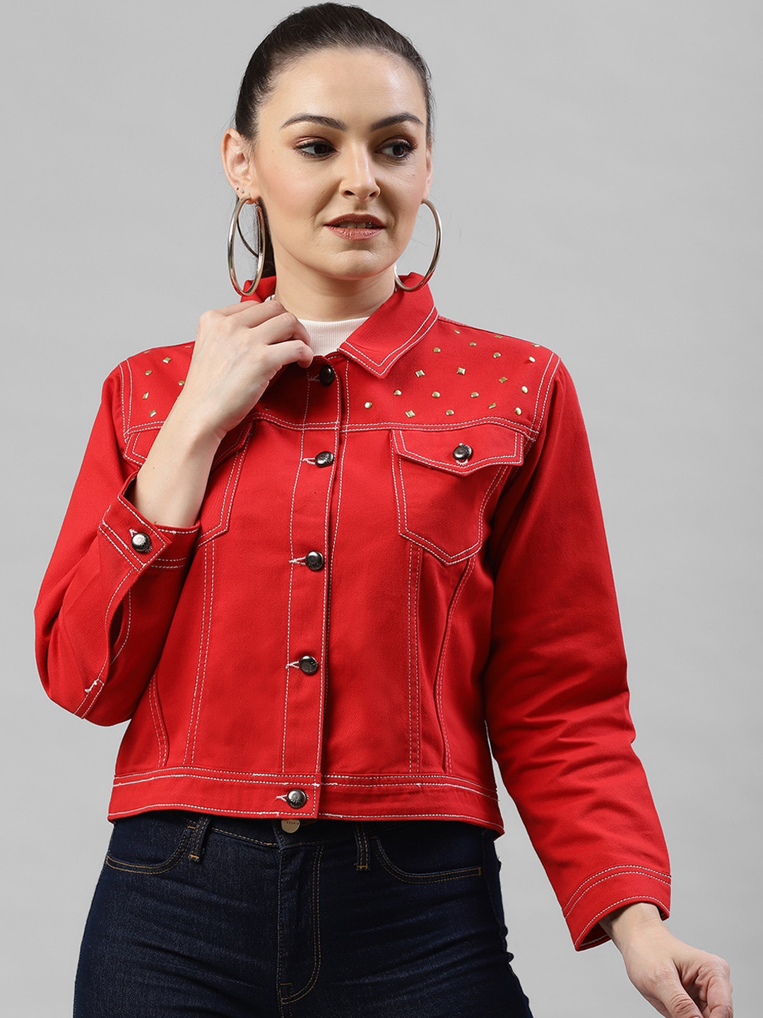 

KASSUALLY Women Red Solid Denim Jacket